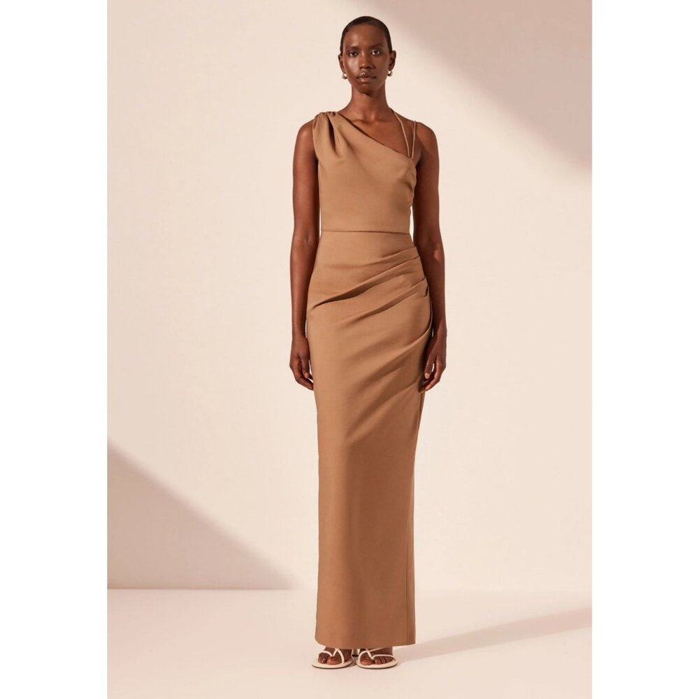 NWT Shona Joy Lani Asymmetrical Gathered Maxi Dress in Cinnamon